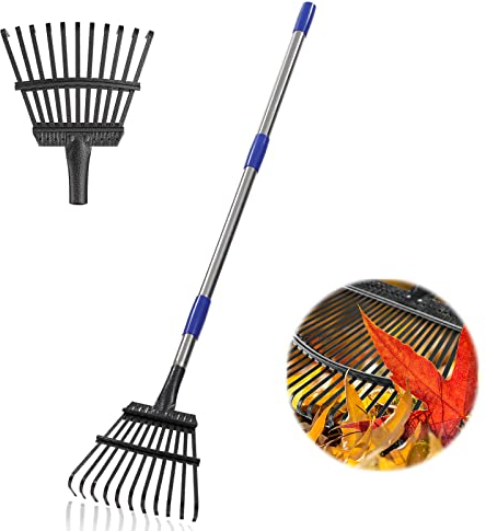Gartenrechen, kleine Blätterrechen für die Gartenarbeit, 11 Metallzinken, 21,6 cm breit, 198,1 cm Langer Griff, Laubbesen für Rasen, Strauch, Gartenbeete