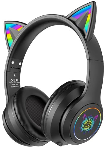 Bluetooth-Katzenohr-Kopfhörer für Kinder und Erwachsene, kabelloser und kabelgebundener Modus, faltbares Headset mit Mikrofon, klare Klangqualität, RGB-LED-Licht, für Mädchen, Schule, Gaming, für