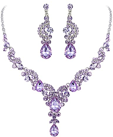 EVER FAITH Strass Kristall Hochzeit Floral Wave Teardrop Halskette Ohrringe Set Lavendel Lila