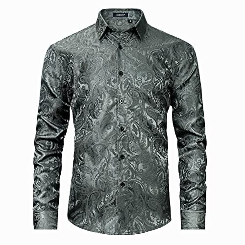 HISDERN Men‘s Silk Shirt Paisley Dress Shirts for Men Long Sleeve Button Down Wedding Party Prom Satin Tuxedo Shirts Regular Fit, Grey S