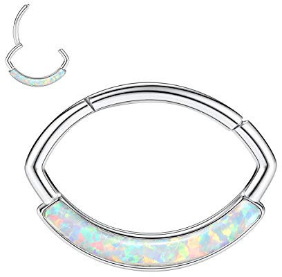 AROWRO 16G Septum Schmuck Daith Helix Ohrringe Chirurgenstahl Septum Ringe Septum Clicker Oval Nasenringe 10mm Daith Rook Helix Piercing Schmuck Silber Knorpel Ohrring Hoop Weißer Opal