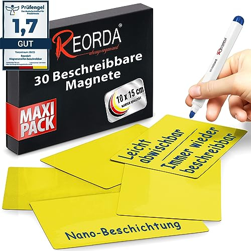 Reorda® Magnetstreifen beschreibbar - 30 Stück wiederbeschreibbar - 10 x 15cm (Gelb) - Beschreibbare Magnete für Whiteboard, Kanban, Magnettafel oder als beschriftbare Magnete für den Kühlschrank