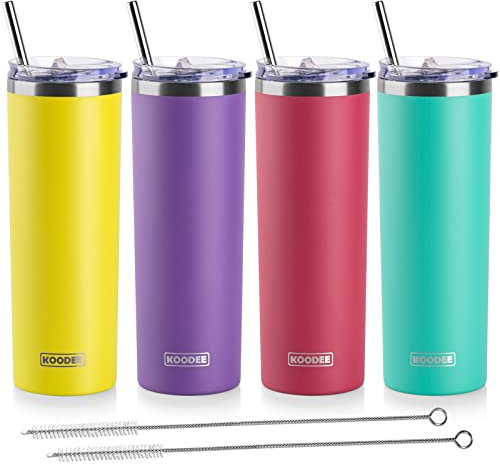 koodee 590 ml Skinny Tumbler, 4 Stück isolierte Becher, doppelwandiger Edelstahlbecher mit Deckel, Strohhalmen und Strohhalmbürste (gelb/lila/weinrot/blaugrün)