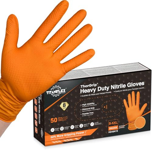 TitanFlex Thor Grip Heavy Duty Industrial Orange Nitrile Gloves, 8 Mil, Latex Free Disposable Gloves with Raised Diamond Texture Grip, Powder Free, Rubber Gloves, Mechanical Gloves, Box of 50 Carat
