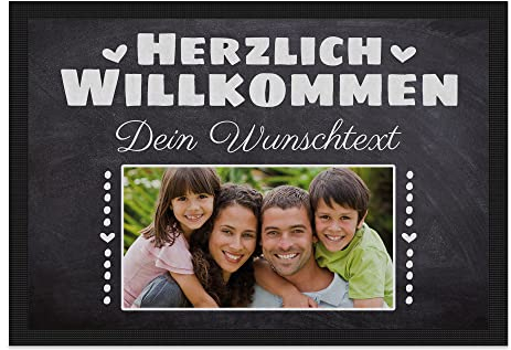 PR Print Royal Personalisierte Fußmatte mit Namen & Bild - Herzlich Willkommen - Geschenke zum Einzug | rutschfest, 75x50cm mit Gummirand