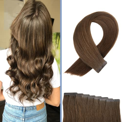 BEXI Tape In Extensions - Echthaar I Hair Extensions I Schokobraun I Remi Qualität I (8x Strips) 50cm I geprüft im deutschen Labor