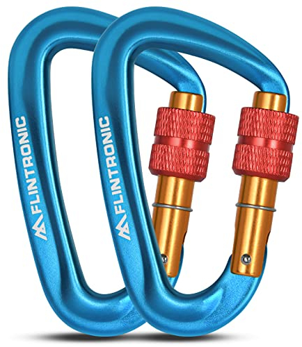 Flintronic Locking Carabiner, 12KN Heavy Duty Locking Carabiner Clips, Aluminum Alloy Clip, 2PCS Carabiner D Ring Clip Hook for Hammock Swing Camping Fishing Hiking (Blue)