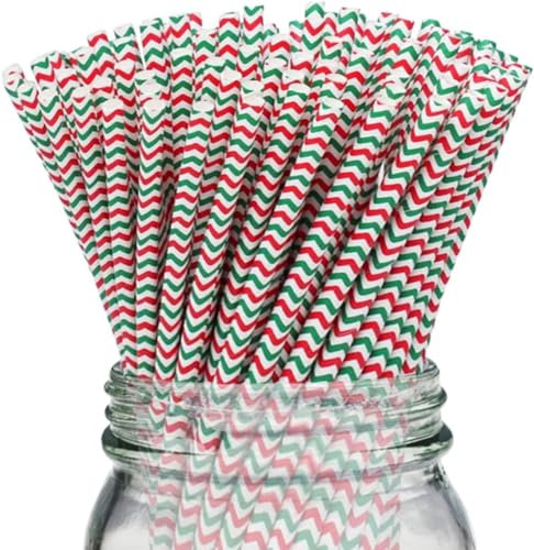 LMS Paper Straws 25pcs, Biodegradable Recyclable Drinking Straws for Wedding | Birthday Party Straws for Cocktail, Holiday, Coffee, Soda, Baby Shower Suppliers (White RED Green Chevron)