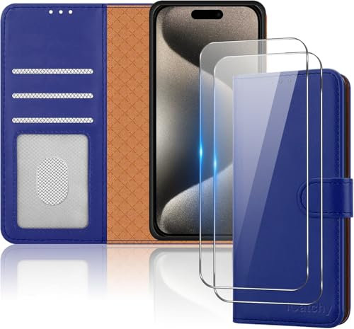 iCatchy for iPhone 15 Pro Case with 2x Screen Protector Leather Magnetic Flip Cover Card Holder Kickstand Feature Full Protection Phone Cover Compatible with iPhone 15 Pro (Blue)