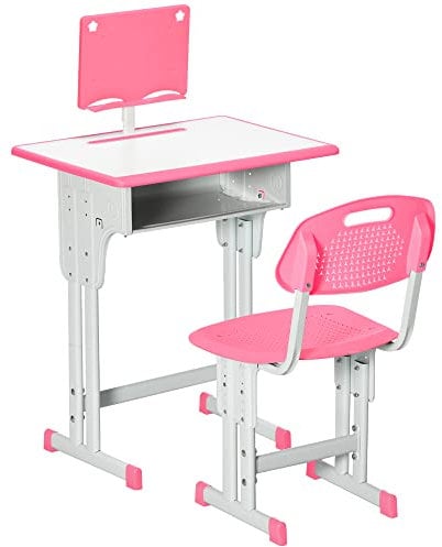 HOMCOM Juego de Escritorio y Silla para Niños de 6-12 Años Pupitre Infantil Altura Ajustable con 1 Cajón 1 Ranura para Lápiz y 1 Estante para Libros Acero 60x45x90-102 cm Rosa