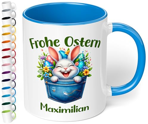 Tasse als Ostergeschenk personalisiert „Frohe Ostern“ Motiv: Osterhase Ostereier – 330ml Keramik Kaffeetasse mit Spruch – kleine Geschenke zu Ostern Easter gift (Cambridge Blau)