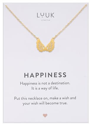 LUUK LIFESTYLE Collar de alas de ángel de acero inoxidable de mujer con tarjeta mensaje HAPPINESS, joyería de calidad elegante y sencilla para mujer, regalo San Valentín, dorado