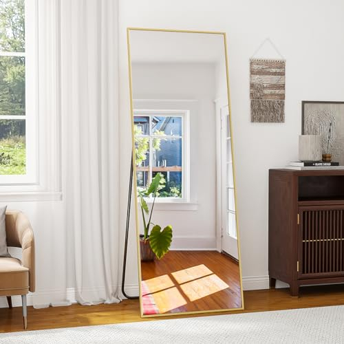 BEAUTYPEAK bruchsicher Ganzkörperspiegel 53x163 cm, Standspiegel hängend oder lehnend an die Wand, groß Bodenspiegel mit Ständer für Schlafzimmer, Wohnzimmer oder Ankleidezimmer, Gold