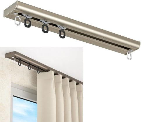 Binario for Tende Da 1-6 Metri Scorrevole, Binario for Tenda A Soffitto, Bastone Tenda Binario A Soffitto con Rullo Binari, for Finestre Ad Apertura Interna, Facile Installare(Champagne,2m/6.5ft)