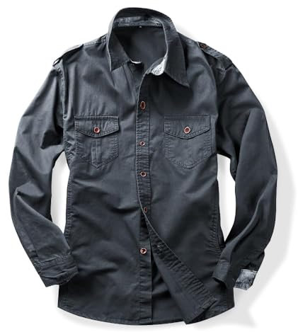 Tianerhay Men's Button Down Shirts Casual Cotton Long Sleeve Shirt with Pocket Regular Fit Dark Grey XL