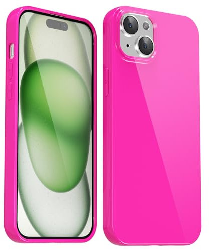 Svanove for iPhone 15 Case Silicone, Glossy Soft Rubber Gel Jelly Cute Protective Plastic Simple Plain Phone Case Cover for Women Girl, Slim Thin Flexible Shockproof TPU, Neon Hot Pink