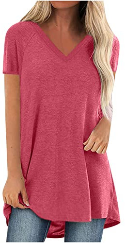 2024 T Shirt Long Femme Grandes Tailles Classique Coupe Ample, T-Shirt Femme À Manches Courtes Col Rond Tops D'Été,Tee Shirt De Sport Femme Casual Tops Tunique Elégante Couleur Solide Été