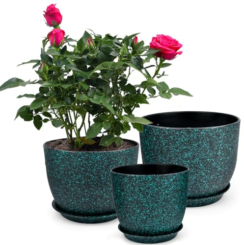 TMBMLPP 3 pcs Plant Pots Indoor, Plant Pots, 20/23/25cm Black Plastic Plant Pots with Green Speckles, Flower Pots, Plastic Planters with Drainage Holes and Saucers, for House Plants, Flowers Plants