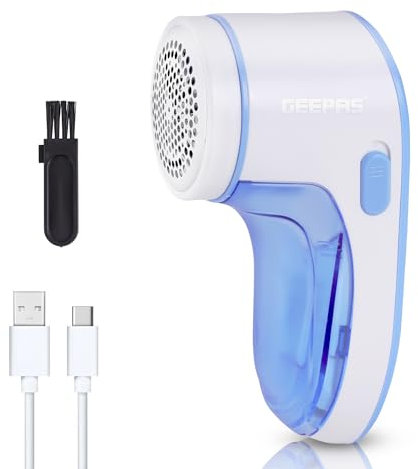 GEEPAS Lint Remover | Rechargeable Fabric Shaver for Clothes Wool Cotton Upholstery Pills | Portable Bobble Remover Battery Operated 40Min Runtime Auto Shut-Off Detachable Collector 2 Yr Warranty Blue