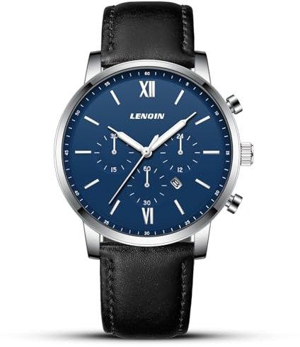 LN LENQIN Herrenuhren Analog Quarzuhren mit Lederarmband 30M Wasserdicht Armbanduhren für Männer mit Auto Datum Elegantes Geschenk für Männer -schwarz blau