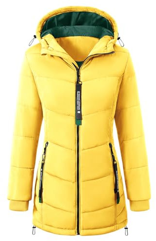 CMTOP Manteau Femme Hiver Chaude Longue Blouson À Capuche Veste Coupe Vent Mi-Long Veste Parka Zippé Hooded Manteaux Femme d'Extérieur Couleur Unie Longues Capuchon Outercoat avec Poches(Jaune,XL)