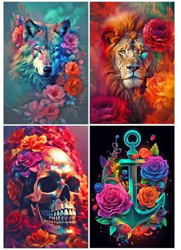 DCIDBEI 4 Pack Diamond Painting Wolf Blumem 30x40cm Malen nach Zahlen Löwe Blumen Diamond Painting Skull Totenkopf Schädel Blumen Diamond Painting Pirate Hook Diamond Painting Neon Leuchtbilder Tiere