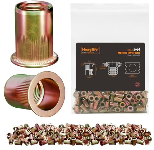 HANGLIFE Rivetti Filettati, M4 Metric Inserti Filettati (100 Pezzi) - Dadi per Rivetti a Testa Piatta, Zincati, in Acciaio al Carbonio con Corpo Zigrinato