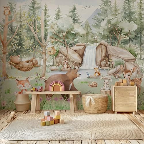 Papel Pintado Infantil Bosque Animales, Fotomurales Pared Tejido, bosque para habitación infantil, árboles, decoración de paredes, papel pintado de acuarela personalizado papel pintado de niños