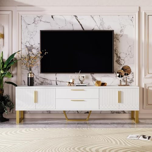 Mesa de TV, mesa de TV con base, asas doradas, armario bajo para tv con puertas de textura tallada (White TV Table)