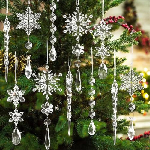 10 Piezas Adornos de Copos de Nieve de Cristal Acrílico,con 10 Cintas,Decoración Navideña Adornos del Árbol de Navidad de Cristal,Colgantes de Copo de Nieve para Árboles de Navidad