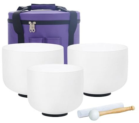 MOHUIED 440hz Frosted White Crystal Singing Bowl Set of 3 pcs Meditation with Free 12 Carrying Bag Crystal Singing Bowl(440hz purple bag)