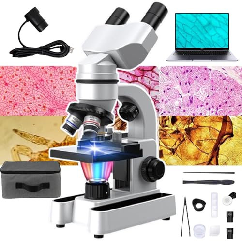 Microscopio Binoculare Composto, Microscopio Professionale 40x-1600x, Oculari Wf10x E Wf40x, Illuminazione Led A 7 Colori E Rotazione A 360°, Microscopio Per Adulti/Bambini/Studenti,White