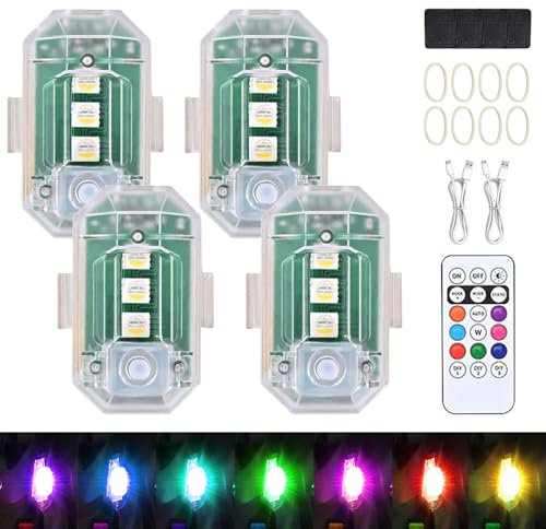 KUWUNG 4 Stück Auto Fernbedienung Blitzlicht, 8 Farben Drahtloses LED-Blitzlicht mit hoher Helligkeit, LED-Flugzeug-Blitzlicht und USB-Aufladung für Auto, Drohne, LKW, Motorrad, Fahrrad