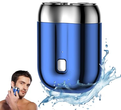 Mini Rasierer Herren Elektrisch, IPX7 Wasserdicht Elektrischer Rasierer Herren, Elektrorasierer Herren 2 in 1 Wasserdicht Kabellos Rotationsrasierer für Gesicht Nass und Trockenrasierer (Blau)