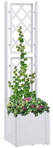 Myheimly Garten-Hochbeet mit Spalier und Selbstbewässerungssystem Rattan-Design Gartenspalier Blumenkübel Pflanzkasten Rankgitter Rankhilfe Weiß