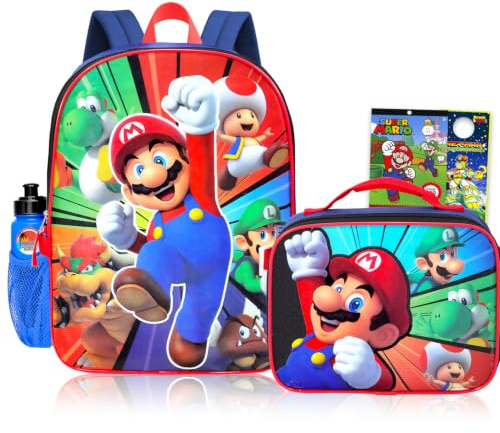 Super Mario Paquete de mochila con lonchera para niños, más | Super Mario School Supplies - Mochila grande y duradera de 40,6 cm con lonchera aislada y botella de agua, calcomanías, más