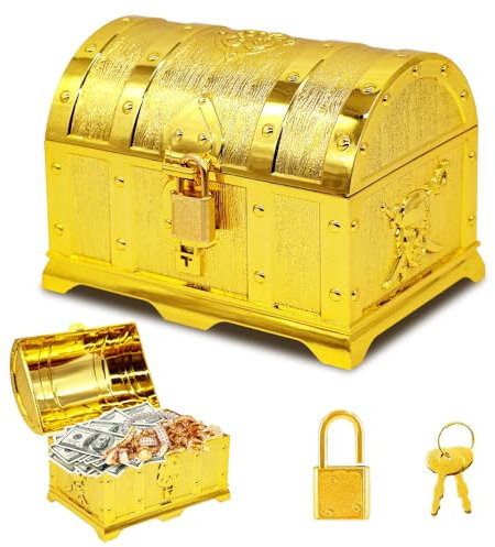 Forbabe Cofre del tesoro para cumpleaños infantiles, cofre del tesoro dorado, con tapa y candado con llave para guardar y decorar, regalo para niños