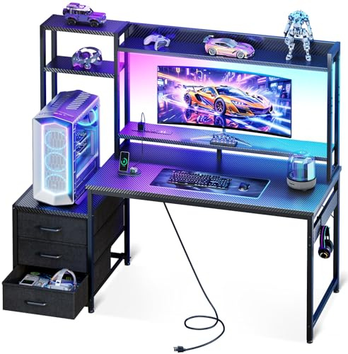 Casaottima 48 Inch Gaming Desk with Shelves & 3 Drawers & LED Light & Hutch