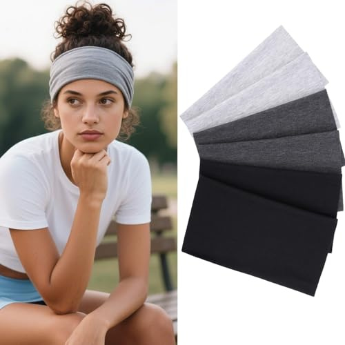 TuTive Stirnbänder für Damen, 10,2 cm breit, 6 Packungen dehnbare Schweißbänder, Haar-Accessoires für Yoga, Workout, rutschfeste Damen-Haarbänder, jeden Tag, modisch, schwarz, weiß, grau