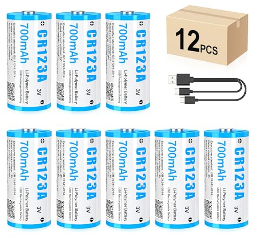 HITRENDS CR123A Rechargeable Batteries with USB-C Charging Port – 700mAh 3V Lithium Battery Pack, 1000-3000 Cycles, Leak-Proof & Eco-Friendly for Cameras, Flashlights, Smoke Detector (12-Pack)