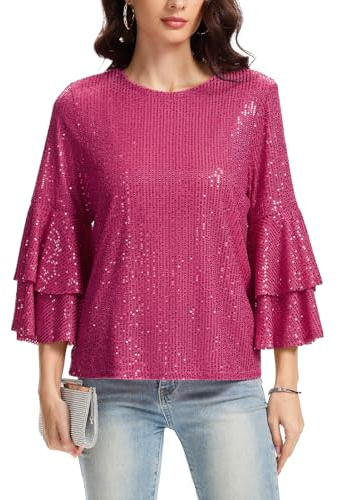 Women's Sparkly Sequin Top 3/4 Sleeve Keyhole Neck Blouse Tunic Night Out | Sparkly Top Going Out Tops 3/4 Long Sleeve T Shirt for Women Keyhole Neck Blouse Fully Lined Tunic Party Night Blouses