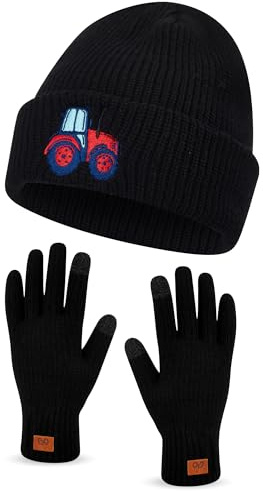 Geyoga Traktor Motiv Geschenke für Frauen Mütze Handschuh Sets Warme Strickmütze Winter Beanie Mütze Strickhandschuhe Fleecehandschuhe Geschenke für Traktorliebhaber(Schwarz,Traktor)
