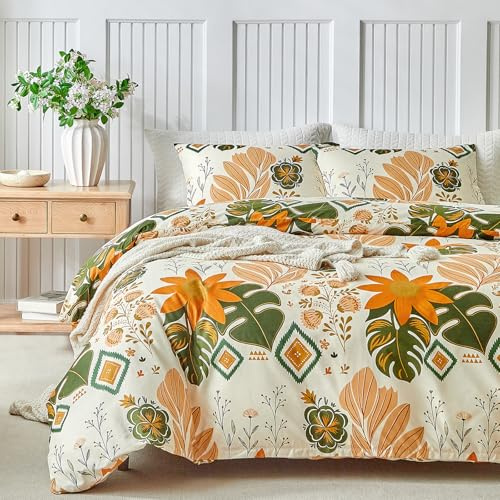 Lekesky Bettwäsche-Set für King-Size-Betten, Sonnenblumen-Bettwäsche, Vintage-Blumen- und Blattmuster, King-Size-Bettwäsche-Set (1 x Bettbezug, 2 x Kissenbezüge), weiche Mikrofaser, Senffarben, 230 x