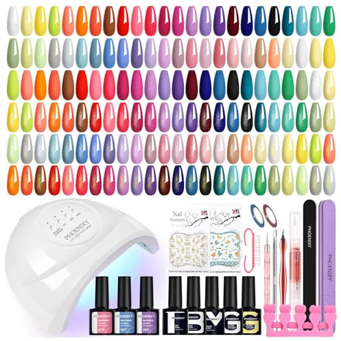 Phoenixy Gel Nail Kit, 50Pcs Gel Nail Polish Set with 48W U V Manicure Lamp | Nail Tools Complete Set 7ml 45 Colours Nail Polishes Full Set Nail Art Gift Kit for Women