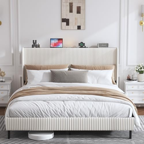 OKMYHOME Polsterbett 180x200 cm Doppelbett, Funktionsbett mit LED Lichtleiste & USB Typ-C Anschlus, Gepolstertes Bettgestell mit Lattenrost aus Metall, Cordstoff, Beige, ohne Matratze