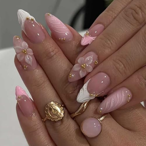 Zimocepuz French Ongles en amande à presser de taille moyenne,24 Ongles à presser roses avec fleurs 3D et perles dorées,Tenue quotidienne pour dames,Réutilisables et naturels