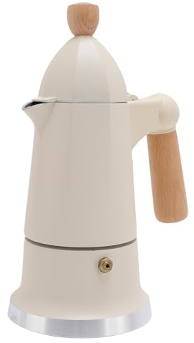 Gonetre Herd-Kaffeemaschine, 3 Tassen, Aluminiumlegierung, Perkolator-Kaffeekanne mit Holzgriff für den Heimgebrauch, Sicheres Ventilsystem, Satte Crema-Zubereitung, Achteckiges Design (Weiß)
