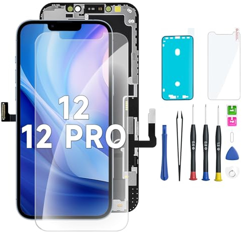 Hoonyer LCD Display Ersatz Set für iPhone 12/12 Pro (6,1 Zoll), 3D Touch Bildschirm mit Rahmen & Digitizer, inkl. Reparaturwerkzeug, wasserdichtem Klebestreifen & gehärtetem Displayschutz