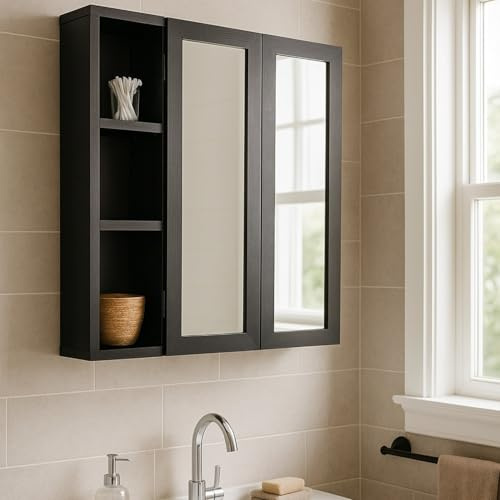 Dylex Wall Mounted Bathroom Mirror Cabinet with Double Doors & Adjustable Shelves, Black Wooden Storage Unit with Side Open Shelves, Modern Bathroom