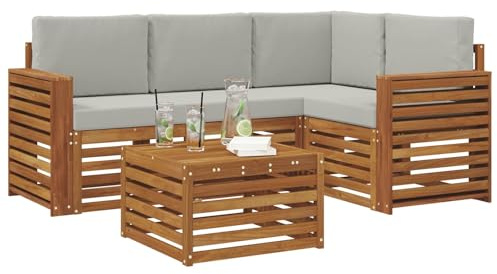 vidaXL Möbelsets mit Kissen 5 pcs Natürlich und Hellgrau Holzwerkstoff, Moderne Gartensofa-Gruppe, stylische Möbel, gemütliche Lounge, Akazie und Holz für die Terrasse